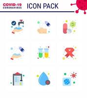 9 Flachfarben-Virus-Corona-Icon-Pack wie Hände sprühen Alkohol waschen Medizin medizinische virale Coronavirus 2019nov-Krankheitsvektor-Designelemente vektor