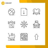 9 Icon Set Line Style Icon Pack Umrisssymbole isoliert auf weißem Hintergrund für reaktionsschnelle Website, die kreativen schwarzen Icon-Vektorhintergrund entwirft vektor