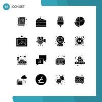 Gruppe von 16 modernen soliden Glyphen für Fotodiagramm Kabeldatenanalyse editierbare Vektordesign-Elemente vektor