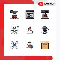 9 gefülltes flaches Farbkonzept für mobile Websites und Apps Lebensphysik Codierungsmolekül Atom editierbare Vektordesign-Elemente vektor