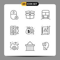 9 svart ikon packa översikt symboler tecken för mottaglig mönster på vit bakgrund 9 ikoner uppsättning kreativ svart ikon vektor bakgrund