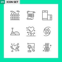 Packung mit 9 Linienstil-Icon-Set Umrisssymbolen für den Druck kreative Schilder isoliert auf weißem Hintergrund 9-Icon-Set kreativer schwarzer Icon-Vektor-Hintergrund vektor