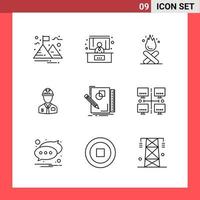 9 Icon Pack Line Style Umrisssymbole auf weißem Hintergrund einfache Zeichen für die allgemeine Gestaltung kreativer schwarzer Icon-Vektor-Hintergrund vektor