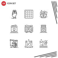 Stock Vector Icon Pack mit 9 Zeilenzeichen und Symbolen für die TV-Einladung Medizin Valentinskarte editierbare Vektordesign-Elemente