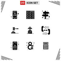 9 solides Glyphenpaket der Benutzeroberfläche mit modernen Zeichen und Symbolen des Auktionsgesetzes für Hammergerichte, editierbare Vektordesignelemente vektor