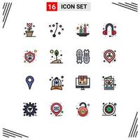 Stock Vector Icon Pack mit 16 Zeilenzeichen und Symbolen für die Landwirtschaft Sicherheit Holi Mitarbeiter Kopfhörer editierbare kreative Vektordesign-Elemente