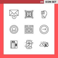 9 Icon Pack Line Style Umrisssymbole auf weißem Hintergrund einfache Zeichen für die allgemeine Gestaltung kreativer schwarzer Icon-Vektor-Hintergrund vektor