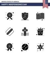 Solide Glyphenpackung mit 9 USA-Unabhängigkeitstag-Symbolen der schnellen Kreuzflagge American Hotdog editierbare USA-Tag-Vektordesign-Elemente vektor