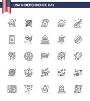 modern uppsättning av 25 rader och symboler på USA oberoende dag sådan som musik muffin fest efterrätt mat redigerbar USA dag vektor design element