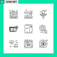 Packung mit 9 Linienstil-Icon-Set Umrisssymbolen für den Druck kreative Schilder isoliert auf weißem Hintergrund 9-Icon-Set kreativer schwarzer Icon-Vektor-Hintergrund vektor