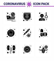 9 Solid Glyph Black Virus Virus Corona Icon Pack wie Transmission Dropper Virus Zahngesundheit Virus Coronavirus 2019nov Krankheitsvektor Designelemente vektor