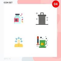 Satz von 4 Vektor-Flachsymbolen auf dem Gitter für die Flasche, die Mülleimer auswählt, menschliche editierbare Vektordesign-Elemente vektor