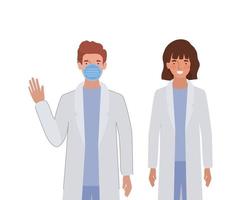 Mann und Frau Arzt mit Uniformen und Maske vektor