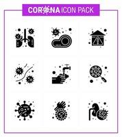 Corona-Virus 2019- und 2020-Epidemie 9 solides Glyphen-Schwarz-Icon-Pack wie Mikroben-Bakterien-Übertragung bleiben zu Hause verhindern Virus-Coronavirus 2019nov-Krankheitsvektor-Designelemente vektor