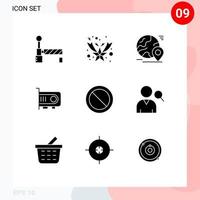 9 solides Glyphen-Konzept für mobile Websites und Apps setzen Ban-Pin-Computer-Power-editierbare Vektordesign-Elemente vektor
