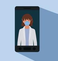 Ärztin mit Uniform und Maske im Smartphone vektor