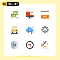 Stock Vector Icon Pack mit 9 Zeilen Zeichen und Symbolen für Cloud Travel Font Transport Open Salon editierbare Vektordesign-Elemente