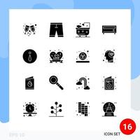Solides Glyphenpaket mit 16 universellen Symbolen für Info-Player-Shorts, Mediendusche, bearbeitbare Vektordesign-Elemente vektor
