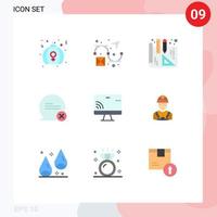 Flaches Farbpaket mit 9 universellen Symbolen von WLAN-Monnitor-Blaupausen, die über Kreuz editierbare Vektordesign-Elemente anzeigen vektor