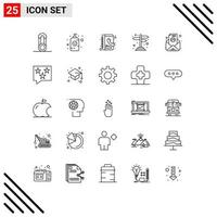 25 Benutzeroberflächen-Linienpaket mit modernen Zeichen und Symbolen für Abonnement-E-Mail-Buch-Cross-Road-Navigation editierbare Vektordesign-Elemente vektor