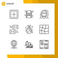 9 Icon Set Line Style Icon Pack Umrisssymbole isoliert auf weißem Hintergrund für reaktionsschnelle Website, die kreativen schwarzen Icon-Vektorhintergrund entwirft vektor