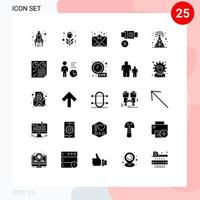 Gruppe von 25 modernen soliden Glyphen, die für bearbeitbare Vektordesign-Elemente der Turm-Mobilfunk-Favoriten-Sperre festgelegt werden vektor