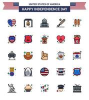 Happy Independence Day USA Packung mit 25 kreativen, flach gefüllten Linien von Corn Dog Sports Building Fledermausball editierbare USA-Tag-Vektordesign-Elemente vektor