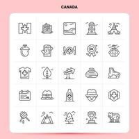 Gliederung 25 Kanada-Icon-Set. Vektorlinie Design schwarze Symbole gesetzt. lineares Piktogrammpaket. web- und mobile geschäftsideen entwerfen vektorillustration. vektor