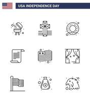 Stock Vektor Icon Pack mit amerikanischen Tag 9 Zeilenzeichen und Symbolen für Freizeit USA Ernährung Flagge USA editierbare USA Tag Vektor Design Elemente