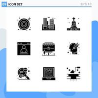 Satz von 9 kommerziellen Solid-Glyphen-Paketen für Anzeigen Seitentod Login-Browser bearbeitbare Vektordesign-Elemente vektor