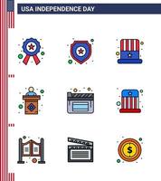 flache gefüllte Linienpackung mit 9 US-Unabhängigkeitstag-Symbolen von Filmen unterzeichnen amerikanische Bühne US-amerikanische editierbare US-Tag-Vektordesign-Elemente vektor