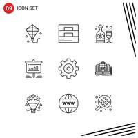 Stock Vector Icon Pack mit 9 Zeilen Zeichen und Symbolen für Gear Business Bottle Analytics Board editierbare Vektordesign-Elemente