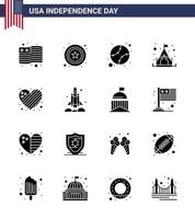 Große Packung mit 16 USA Happy Independence Day USA Vektor solide Glyphen und editierbare Symbole von Launcher Herz Staaten Flagge Zelt editierbare USA Tag Vektor Design Elemente