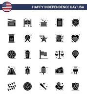 Packung mit 25 USA-Unabhängigkeitstagfeier solide Glyphenzeichen und 4. Juli-Symbole wie polizeidemokratischer Tag Unabhängigkeitserklärung Unabhängigkeit editierbare USA-Tag-Vektordesign-Elemente