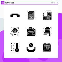 Satz von 9 Symbolen im soliden Stil kreative Glyphensymbole für Website-Design und mobile Apps einfaches solides Symbolzeichen isoliert auf weißem Hintergrund 9 Symbole vektor