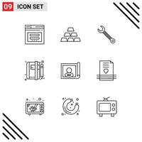 Stock Vector Icon Pack mit 9 Zeilenzeichen und Symbolen für den Aufbau von Blog-Buchstapeln, Notizblöcken, editierbare Vektordesign-Elemente