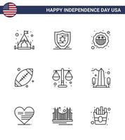 9 usa line pack von unabhängigkeitstag zeichen und symbolen des maßstabs gerechtigkeitsabzeichen gericht sport editierbare usa day vektor design elemente