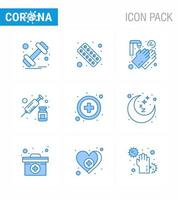 Symbol für Coronavirus-Vorsichtstipps für die Präsentation von Gesundheitsrichtlinien 9 blaues Symbolpaket wie Impfinjektionsmedikamente, die virale Coronavirus 2019nov-Krankheitsvektor-Designelemente waschen vektor
