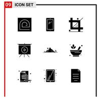 uppsättning av 9 kommersiell fast glyfer packa för video styrelse android programmering design redigerbar vektor design element