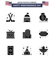 Usa Happy Independence Day Piktogrammsatz von 9 einfachen soliden Glyphen von Parade Instrument Irland Trommel Geld editierbare Usa Day Vektor Design Elemente