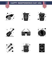uppsättning av 9 USA dag ikoner amerikan symboler oberoende dag tecken för amerikansk solglasögon cola amerikan musik redigerbar USA dag vektor design element