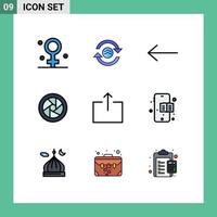 9 gefülltes flaches Farbkonzept für mobile Websites und Apps Bildungsbuch senden Pfeilausgabe Kameraobjektive editierbare Vektordesign-Elemente vektor