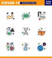 covid19 ikon uppsättning för infographic 9 fylld linje platt Färg packa sådan som dna forskning säkerhet labb tvättning viral coronavirus 2019 nov sjukdom vektor design element