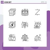 Gliederungspackung mit 9 universellen Symbolen von bearbeitbaren Vektordesign-Elementen für gesehene Augenmünzengeldmünzen vektor