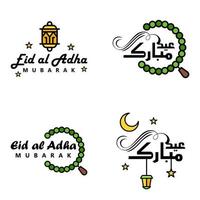 happy eid mubarak handbuchstabe typografie gruß wirbelnde bürstenschrift packung mit 4 grüßen mit leuchtenden sternen und mond vektor