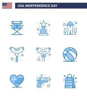 glücklicher unabhängigkeitstag 4. juli satz von 9 blues amerikanischen piktogrammen des american football gebäudes wurst essen editierbare usa tag vektor design elemente