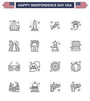 Lycklig oberoende dag 16 rader ikon packa för webb och skriva ut snabbmat USA dag landmärke amerikan redigerbar USA dag vektor design element