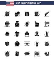 25 usa Solid Glyph Pack of Independence Day Zeichen und Symbole der Waffe Gun Shield Day Paper editierbare usa Day Vektordesign-Elemente vektor