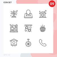 Packung mit 9 modernen Umrisszeichen und Symbolen für Web-Printmedien wie Forschungsphysik Zeit Login-Datei editierbare Vektordesign-Elemente vektor