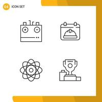 Stock Vector Icon Pack mit 4 Zeilen Zeichen und Symbolen für Batterie Atom Strom Hut Wissenschaft editierbare Vektordesign-Elemente